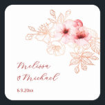 Cherry Blossom Pink White Wedding Square Sticker<br><div class="desc">Pretty pink watercolor cherry blossoms and a rose gold/ copper line art cherry blossom branch on a white background. Custom bride and groom names in an elegant handwritten script.</div>