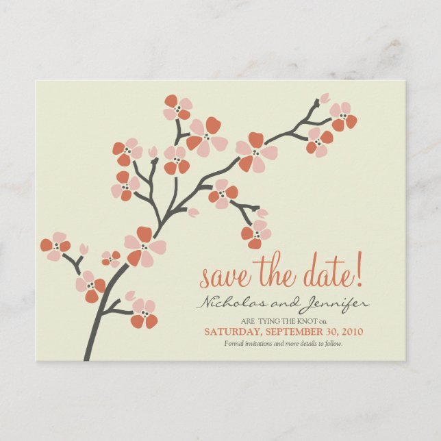 Cherry Blossom POSTCARD Save the Date (coral) (Front)
