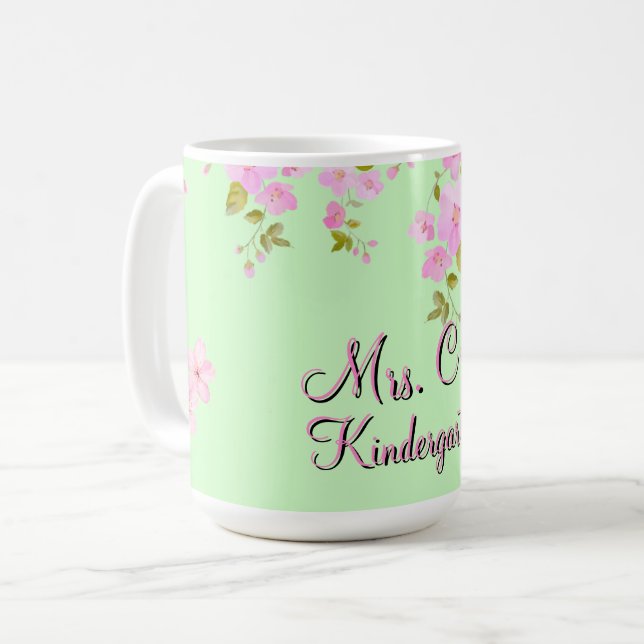 Cherry Blossom Pretty Pink & Green Custom  Coffee Mug (Front Left)