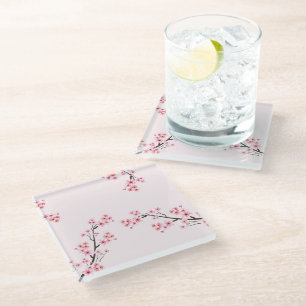cherry blossom printed glass coasters