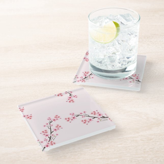cherry blossom printed glass coasters (Angled)