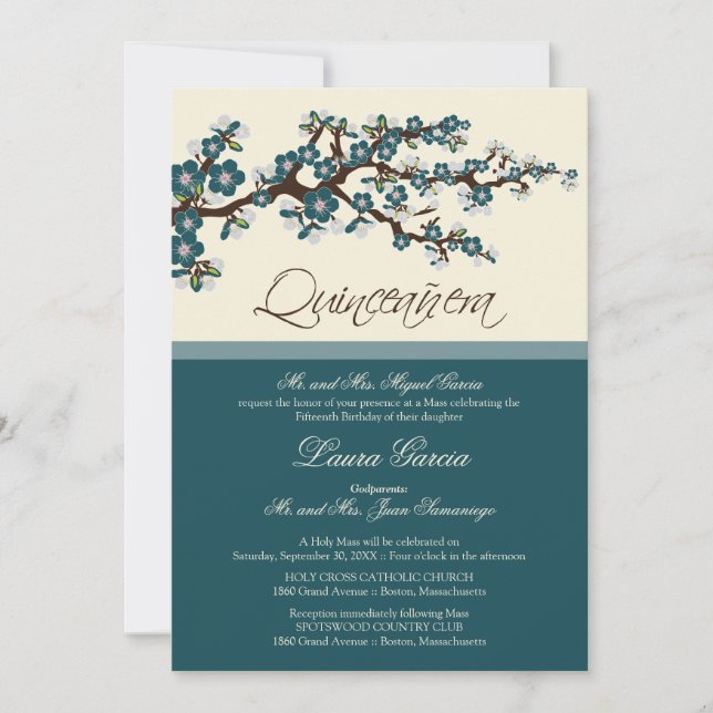 Cherry Blossom Quinceanera Invitation (teal) (Front)