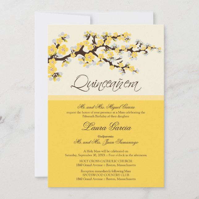 Cherry Blossom Quinceanera Invitation (yellow) (Front)