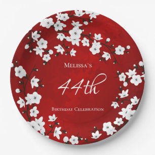 Cherry Blossom Red Black And White Birthday Paper Plate