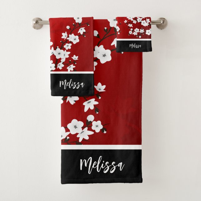 Cherry Blossom Red Black White Monogram Bath Towel Set (Insitu)