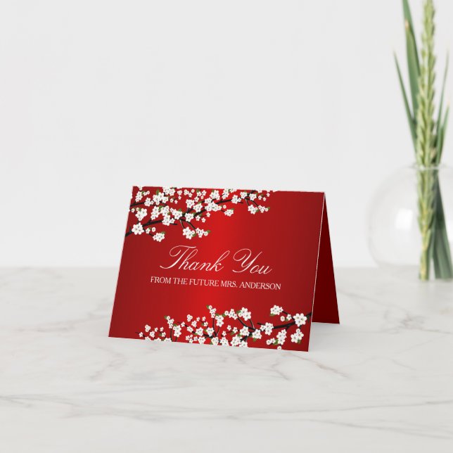 Cherry Blossom Red Bridal Shower Thank You Card (Front)