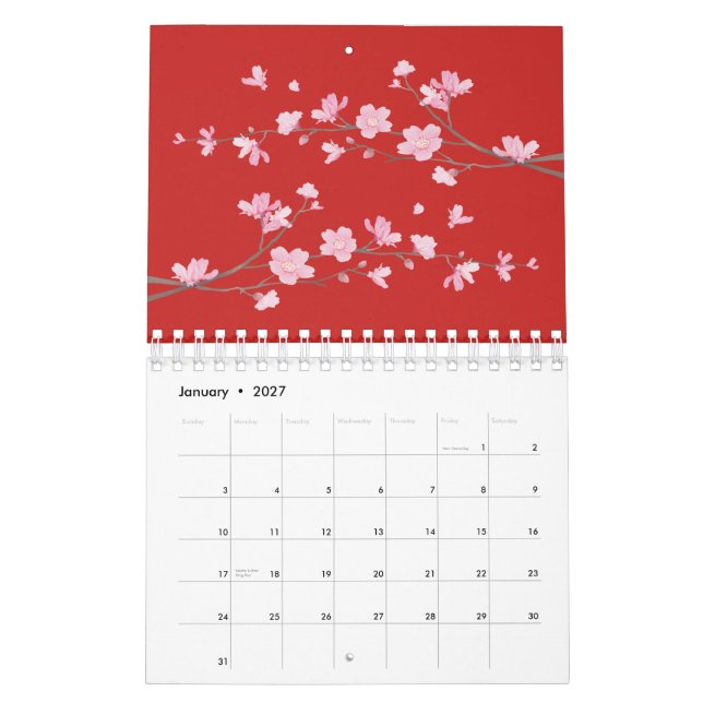 Cherry Blossom - Red Calendar (Jan 2027)