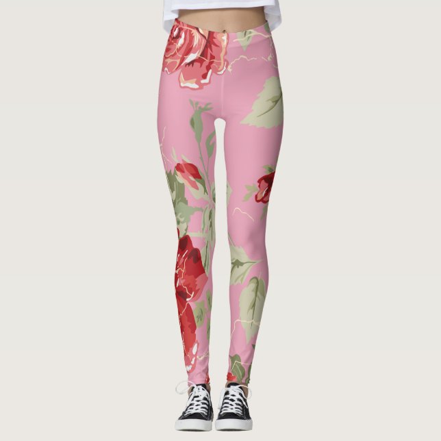 Cherry blossom red floral rose party leggings (Front)