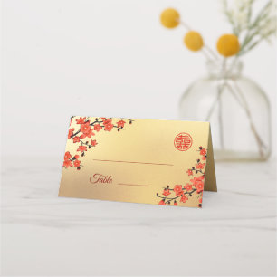 Cherry Blossom Red Gold Chinese Wedding Place Card