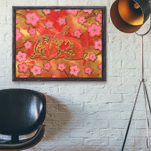 Cherry Blossom Red Gold Rabbit Chinese New Year Poster