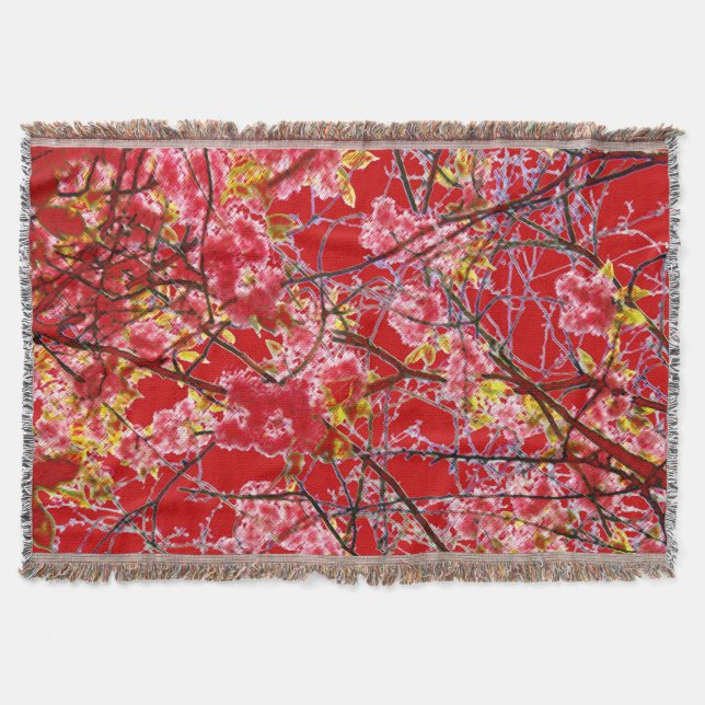 Cherry Blossom Red Pink Floral Design Throw Blanket (Front)