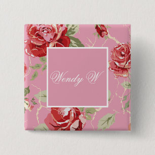 Cherry blossom red rose flower 15 cm square badge