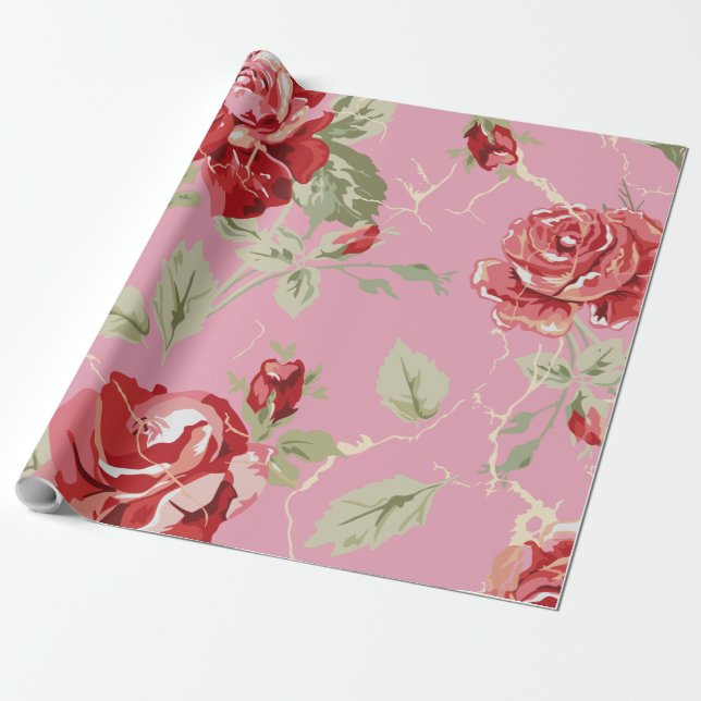 Cherry blossom red rose wrapping paper (Unrolled)