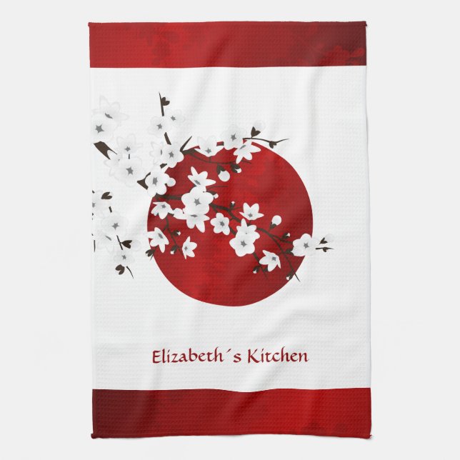 Cherry Blossom Rising Sun Red Black White Monogram Tea Towel (Vertical)