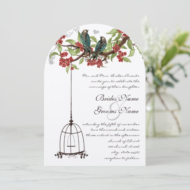 Cherry Blossom Romantic Birds & Birdcage Weddings Invitation (Standing Front)