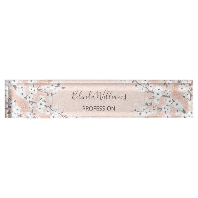 Cherry Blossom Rose Gold Blush Glitter Nameplate (Front)
