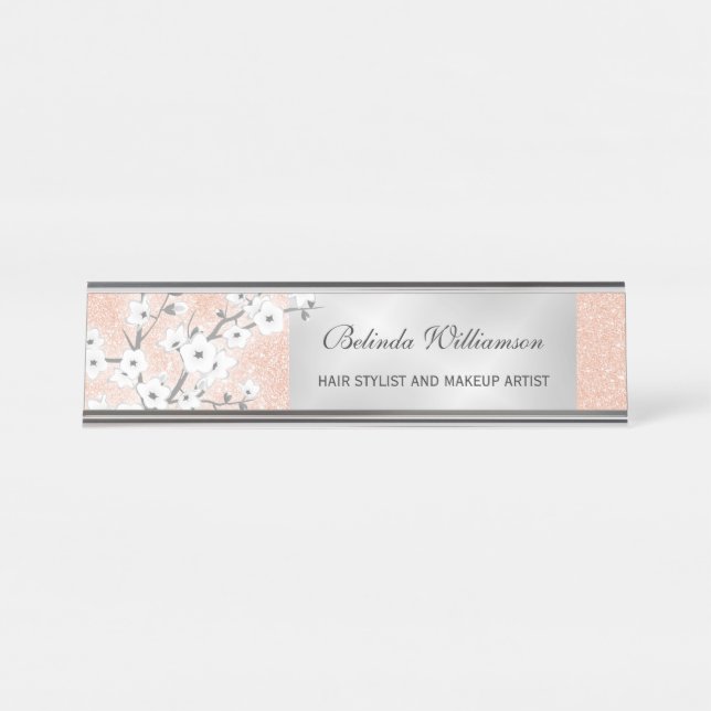 Cherry Blossom Rose Gold Glitter Hair And Makeup Desk Name Plate (Front)