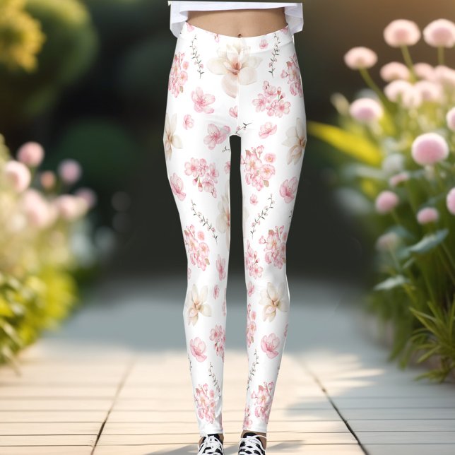 Cherry Blossom Sacura Pattern White Pink Floral Leggings (Cherry Blossom Sacura Pattern White Pink Floral Leggings)