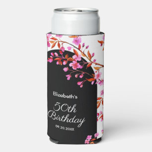 Cherry Blossom Sakura Flower Black White Birthday Seltzer Can Cooler