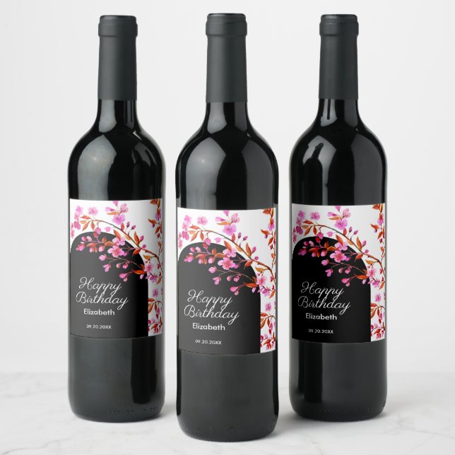 Cherry Blossom Sakura Flower Black White Birthday  Wine Label (Bottles)