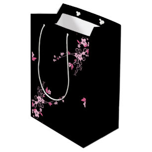 Cherry Blossom, Sakura Flowers - Pink Black Medium Gift Bag