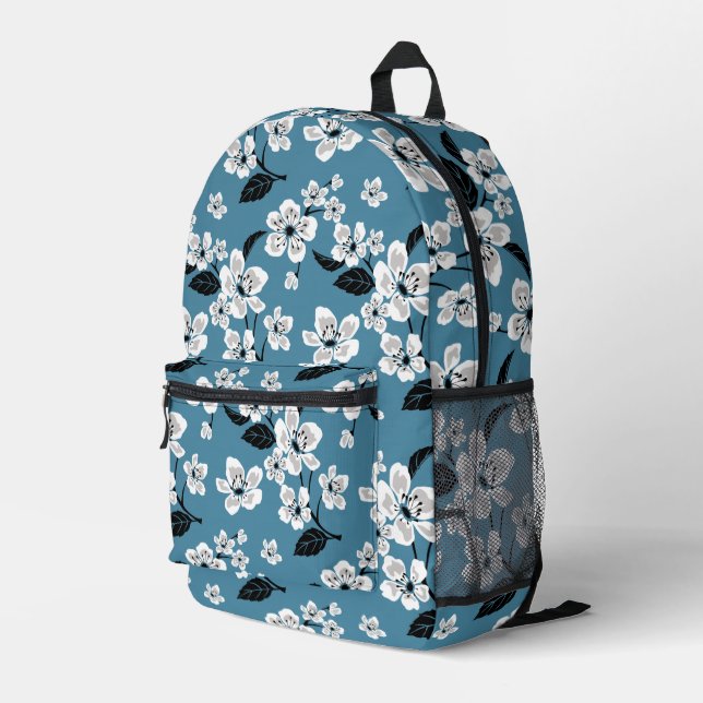 CHERRY BLOSSOM - SAKURA PATTERN IN SMOKY BLUE PRINTED BACKPACK (Back Corner Right)