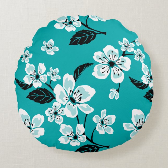 CHERRY BLOSSOM - SAKURA PATTERN IN TEAL ROUND CUSHION (Front)