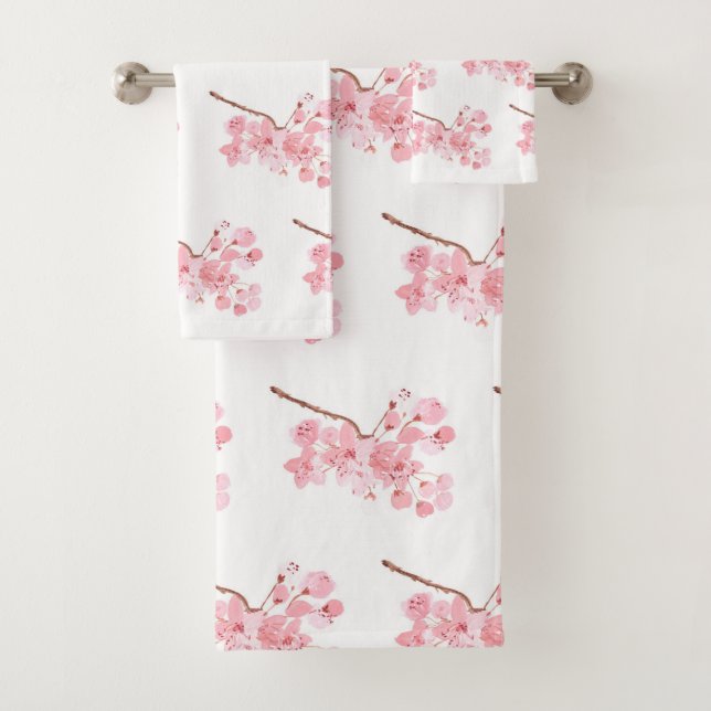 Cherry blossom Sakura Pink Floral Japanese Asia Bath Towel Set (Insitu)