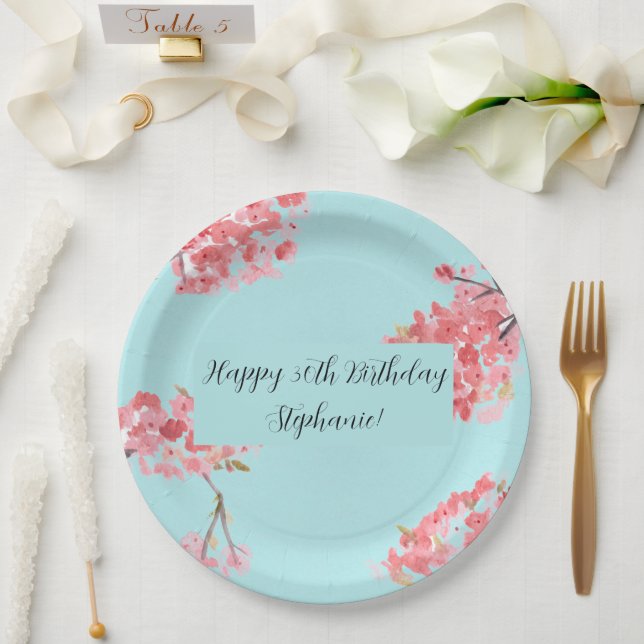 Cherry blossom Sakura Pink Turquoise Birthday  Pap Paper Plate (Wedding)