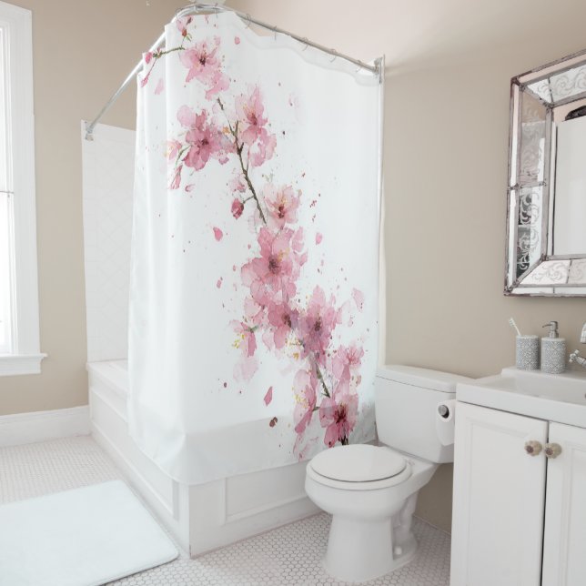 Cherry Blossom Sakura Pink White Pastel Floral Shower Curtain (In Situ)