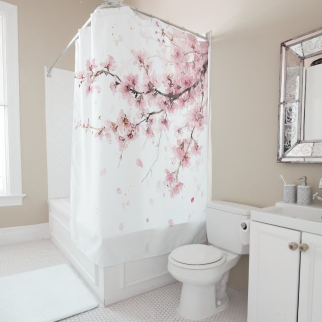 Cherry Blossom Sakura Pink White Pastel Floral Shower Curtain (In Situ)