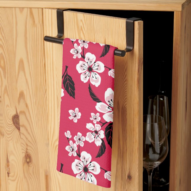 CHERRY BLOSSOM - SAKURA (RED) TEA TOWEL (Thirds Fold)