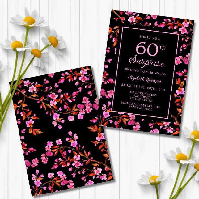 Cherry Blossom Sakura Surprise Black Birthday  Invitation (Creator Uploaded)