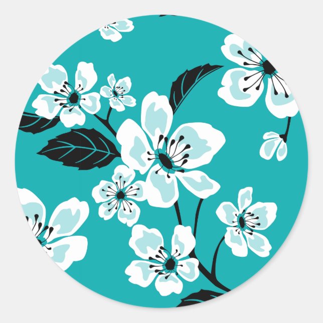 CHERRY BLOSSOM - SAKURA (TEAL) CLASSIC ROUND STICKER (Front)