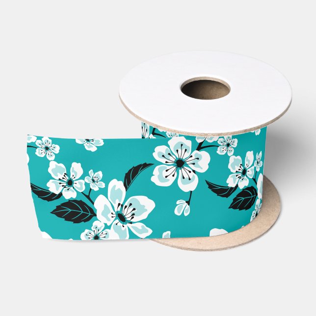 CHERRY BLOSSOM - SAKURA (TEAL) SATIN RIBBON (Spool)