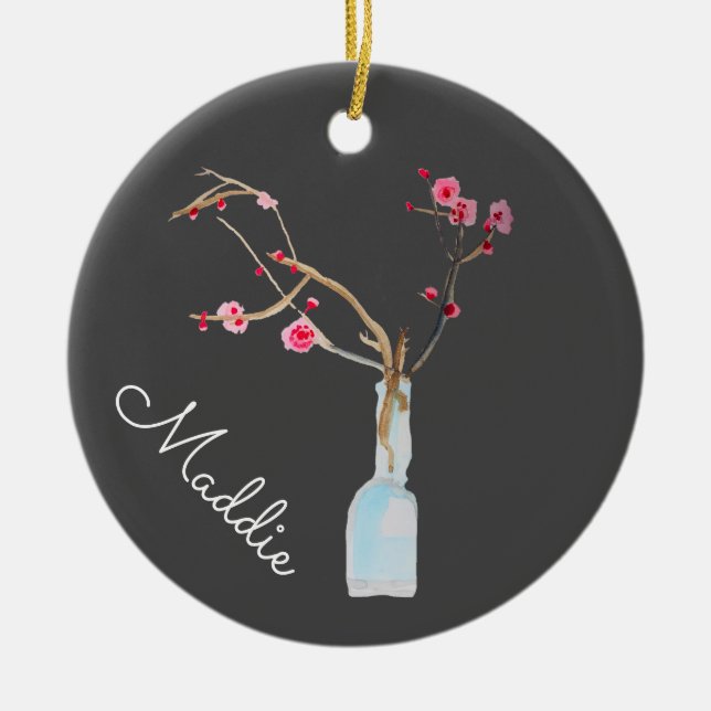 Cherry Blossom sakura watercolor art Ceramic Tree Decoration (Front)