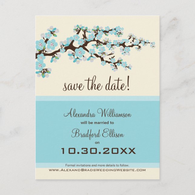 Cherry Blossom Save the Date Postcard (blue) (Front)