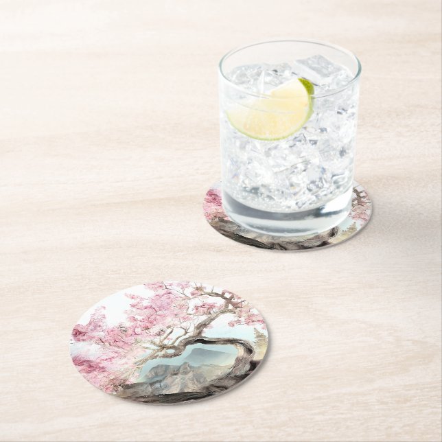 Cherry Blossom Serenade Round Paper Coaster (Insitu)