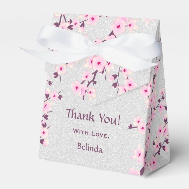 Cherry Blossom Silver Glitter Thank You Favour Box (Front Side)