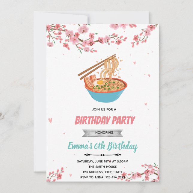 Cherry blossom sleepover ramen party invitation (Front)