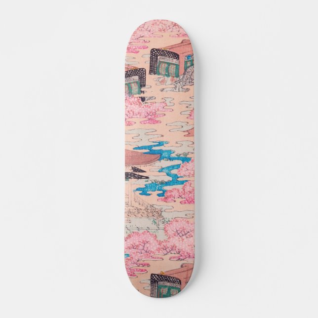 Cherry Blossom Spring Landscape Vintage Japanese Skateboard (Front)