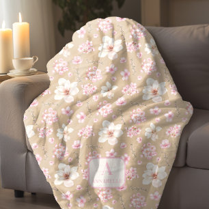 Cherry Blossom Spring Monogram Beige Pink Fleece Blanket