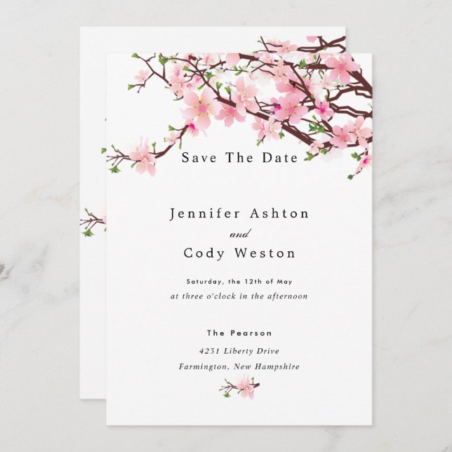 Cherry Blossom Spring Wedding Save The Date White (Front/Back)