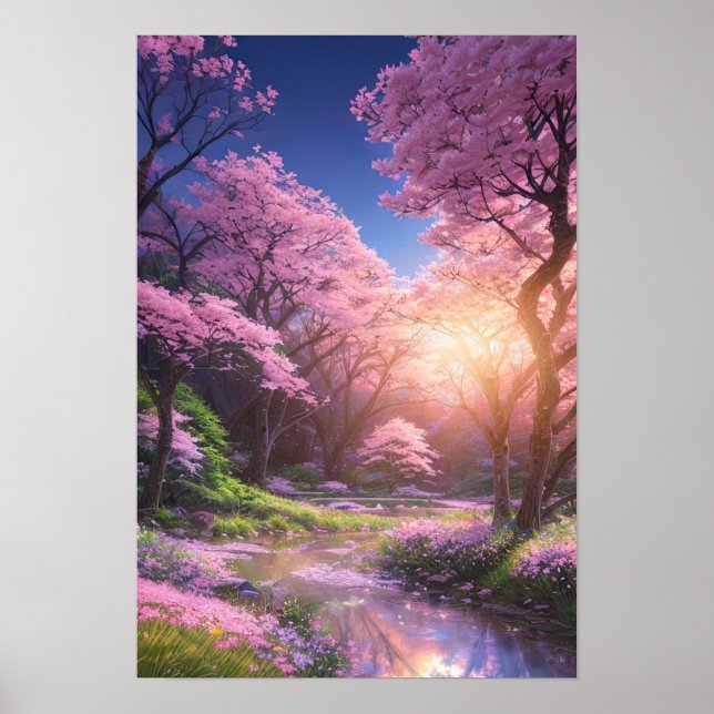 Cherry Blossom Stream with Sunset Glow Poster (Front)