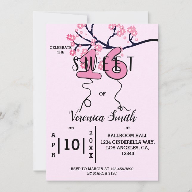 Cherry Blossom Sweet 16 Invitation (Front)