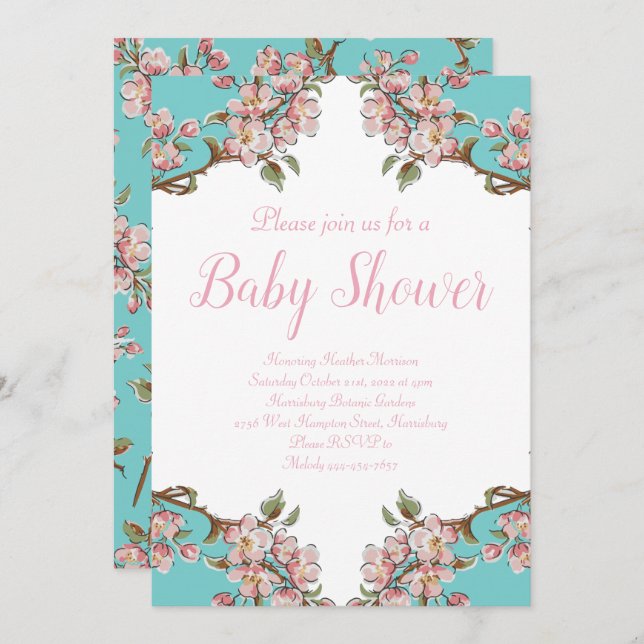 Cherry Blossom Teal Retro Vintage Baby Shower Invitation (Front/Back)