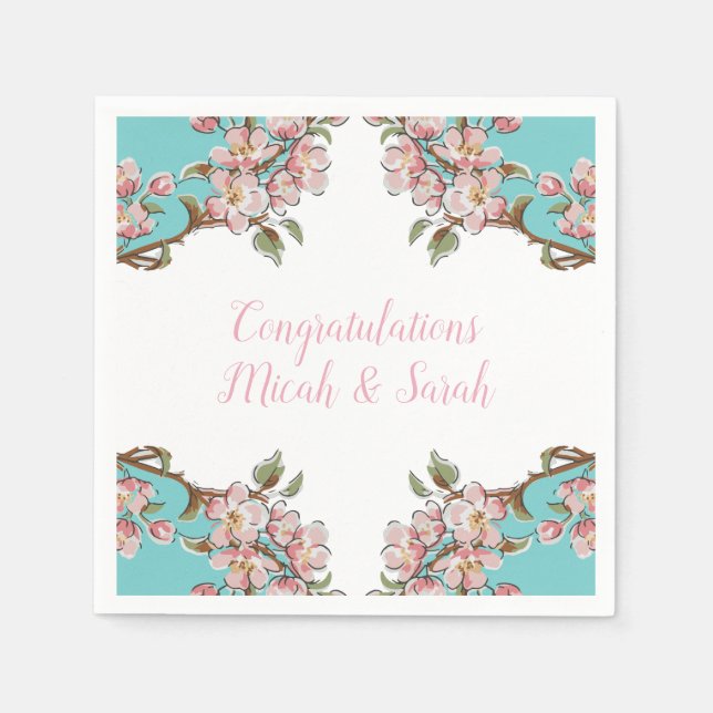Cherry Blossom Teal Retro Vintage Baby Shower Napkin (Front)