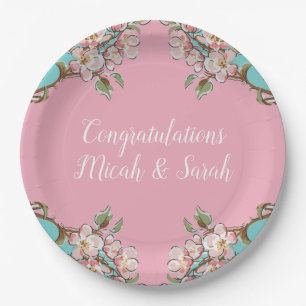 Cherry Blossom Teal Retro Vintage Baby Shower Paper Plate