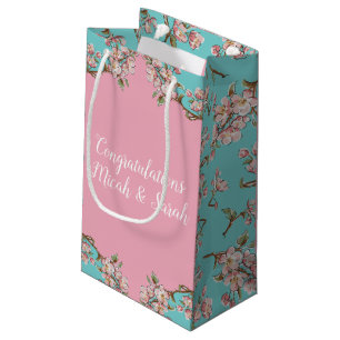 Cherry Blossom Teal Retro Vintage Baby Shower Small Gift Bag
