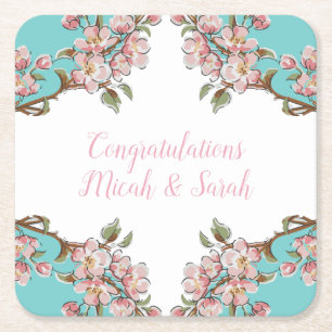 Cherry Blossom Teal Retro Vintage Baby Shower Square Paper Coaster